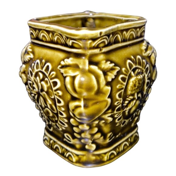 Vintage Embossed Ceramic Japan Pitcher With Fruit Motif & Bamboo Handle Olive Gr - Picture 4 of 6